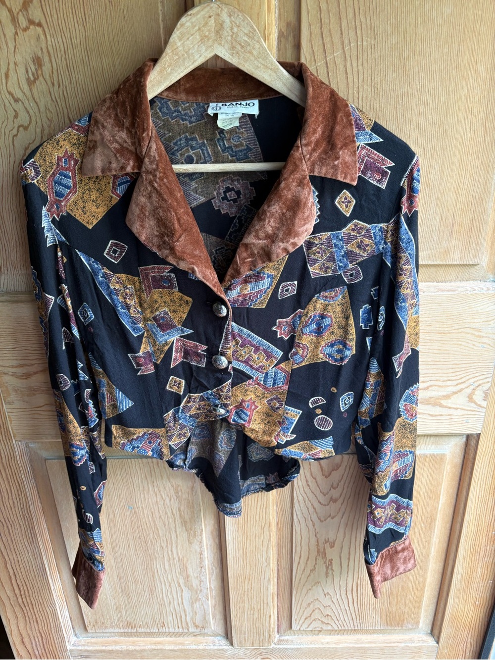 Vintage Banjo Southwestern Velvet Collar Blouse | Boho Western Button Down | M - Picture 3 of 7